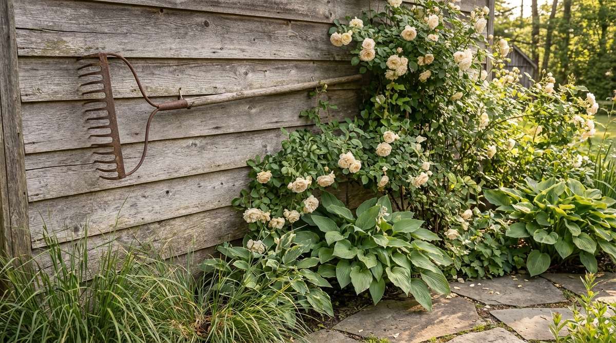 A vintage rusty farm rake mounted horizontally on a wall as decorative garden art, showcasing rustic farmhouse character with its curved tines and long handle contrasting against soft plant forms. Perfect for barn siding, shed walls, or privacy fences to celebrate rural heritage with a maintenance-free rust patina that deepens attractively over time.