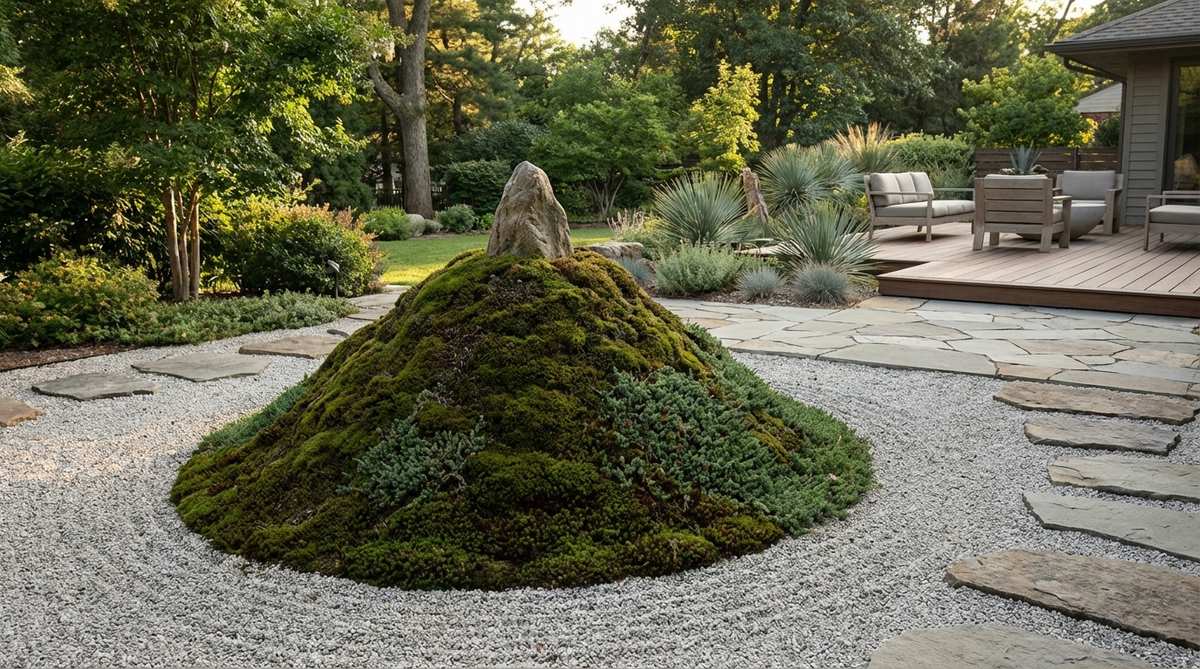 A prominent conical mound representing a sacred mountain, such as Mount Fuji or Mount Sumeru, with a peak stone at the summit, set against flat gravel plains in a Japanese Zen garden. The slopes are evenly graded and covered with moss or low ground cover, creating a bold vertical focal point that contrasts with the horizontal surroundings.