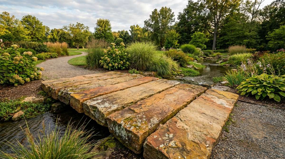 A wide, stable bridge made from multiple sandstone slabs arranged side-by-side, showcasing warm ochre and rust tones that complement garden foliage and create textural contrast with water. The sandstone's natural porosity allows for beautiful patina development and biological growth patterns, connecting the garden to local geology through regionally sourced materials.