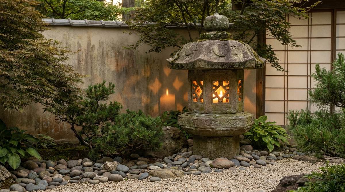 A traditional Japanese stone garden lantern with three distinct window openings in its fire box, designed to cast complex light patterns. This Sanko-style lantern features Buddhist-inspired symbolism representing sun, moon, and stars, ideal for projecting layered shadows onto stone walls, paper screens, or pale gravel surfaces.