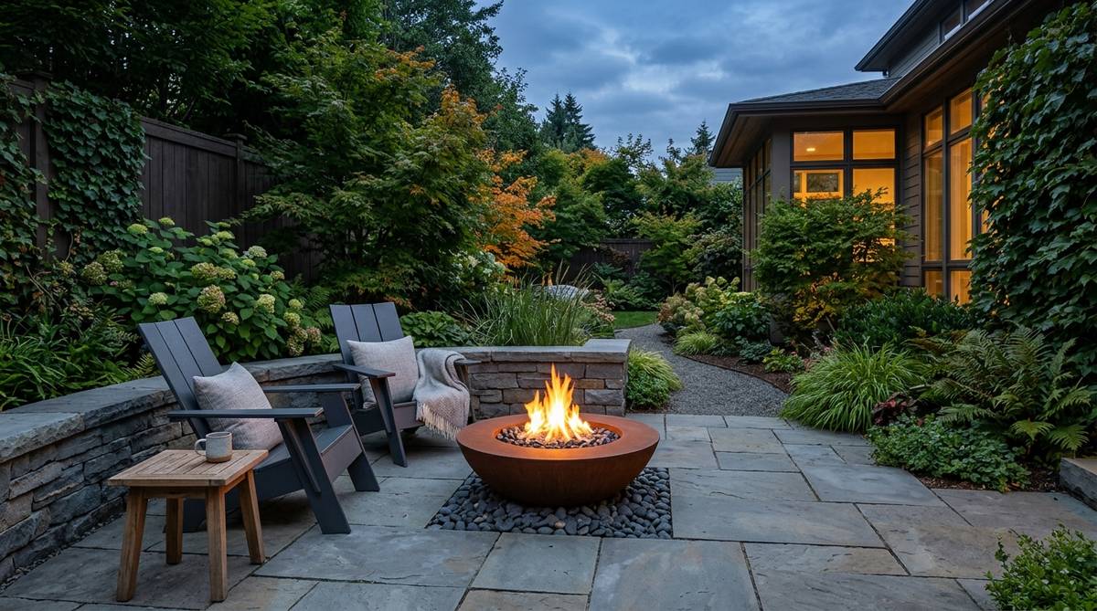 A minimalist sculptural fire bowl providing warmth and flickering light in a small garden courtyard, extending outdoor use into cooler evenings with clean-lined design and smoke-free operation.
