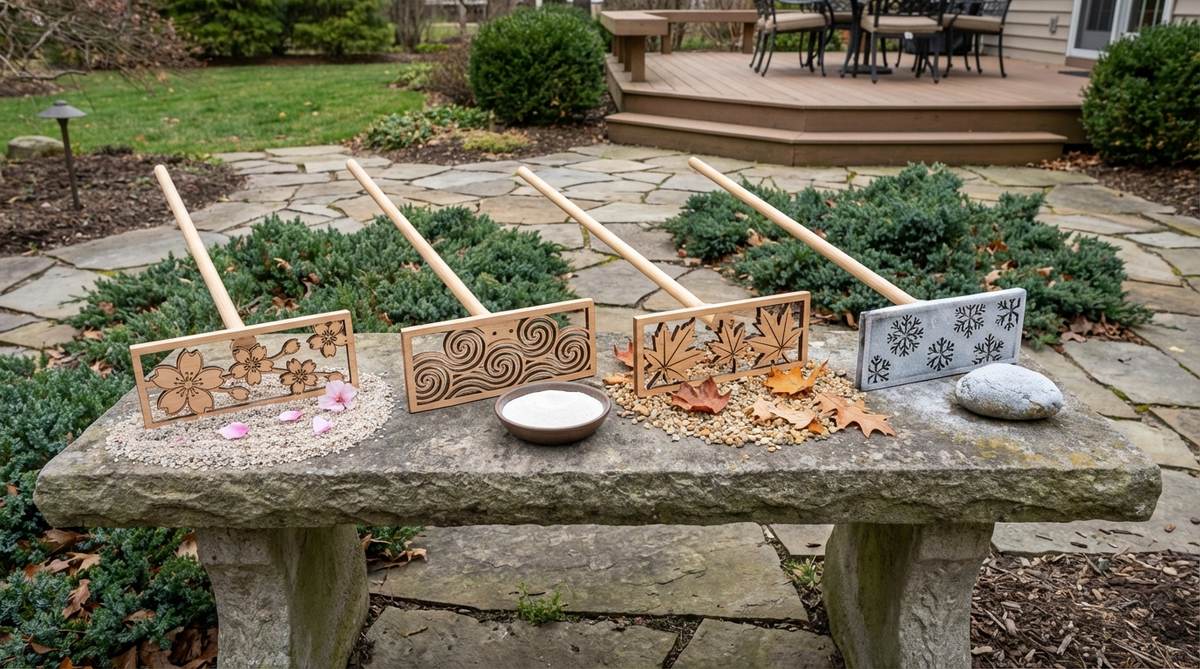 A collection of decorative rake heads for zen gardens featuring seasonal motifs like cherry blossoms for spring, waves for summer, maple leaves for autumn, and snowflakes for winter. These laser-cut wooden handles with decorative silhouettes can be swapped seasonally to maintain visual interest in permanent garden installations while remaining fully functional tools.