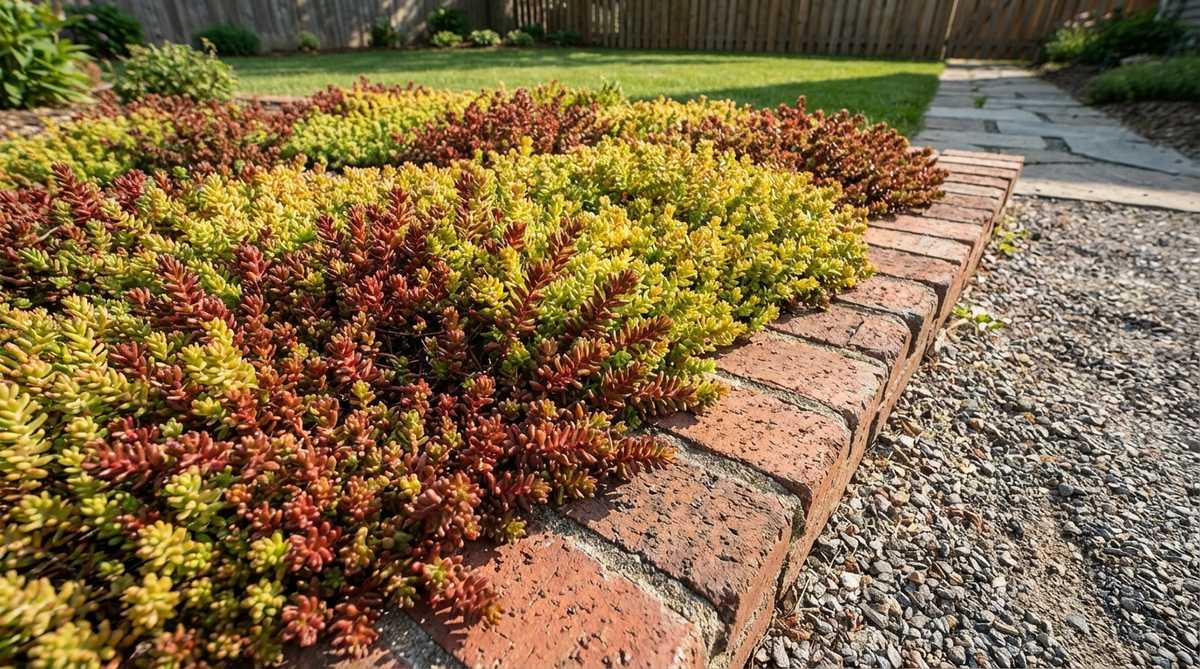 Low-growing sedum varieties forming a succulent mat along a brick garden border, with fleshy leaves providing textural contrast against masonry. Features drought-tolerant spreading varieties like 'Dragon's Blood' and 'Angelina' that create dense carpets in well-drained soil, changing colors seasonally from bright spring growth to burgundy fall tones.