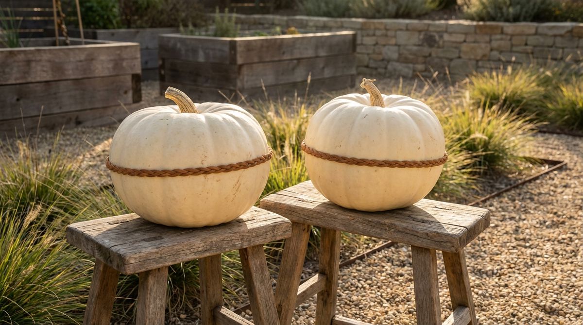 A minimalist boho Halloween decoration featuring a large white or cream pumpkin on a pedestal or wooden stool, with a single accent like a leather cord wrap, dried arrangement, or painted detail. Positioned to catch natural light, highlighting its organic curves and shadows for an intentional, elegant look.