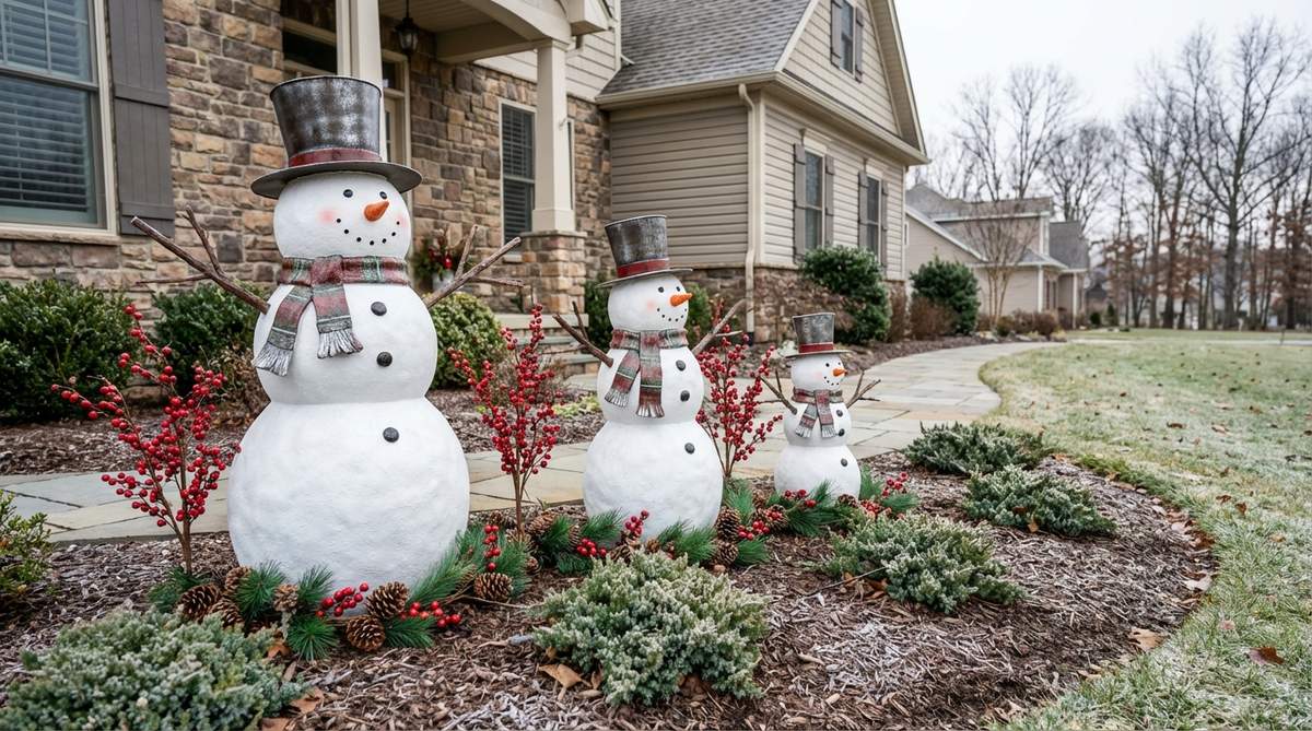 A whimsical outdoor Christmas decor arrangement featuring a family of snowmen figures in graduated sizes, made from durable weatherproof resin or metal, placed in foundation beds or lawn areas near pathways to add playful character and visual hierarchy.