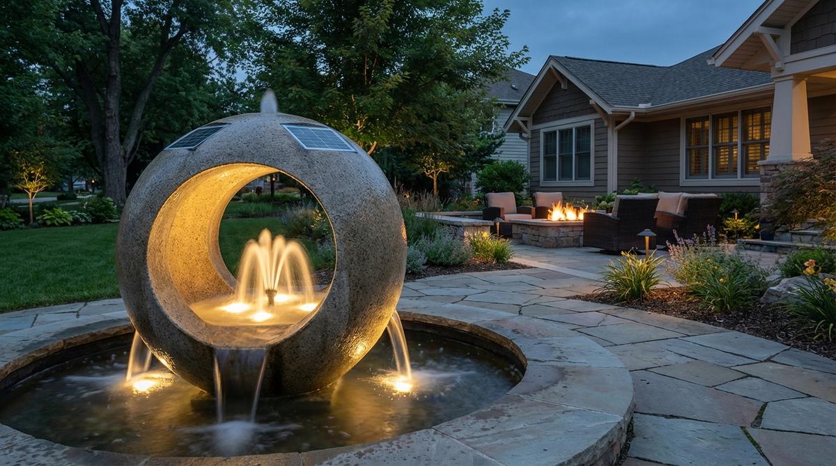 A hollow sphere fountain with integrated solar panel and LED lights, creating illuminated water displays after sunset using stored daytime energy. Perfect for extending garden enjoyment into evening hours with 6-8 hours of runtime on premium models.