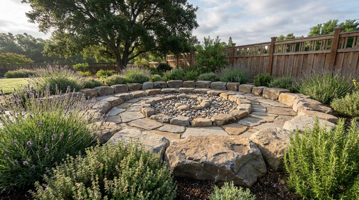A spiral stone meditation path in a garden, featuring larger outer stones that gradually transition to smaller center pieces, designed to encourage mindful walking and reflection. This ancient pattern symbolizes a journey, with aromatic herbs planted along the edges to enhance the sensory meditation experience.