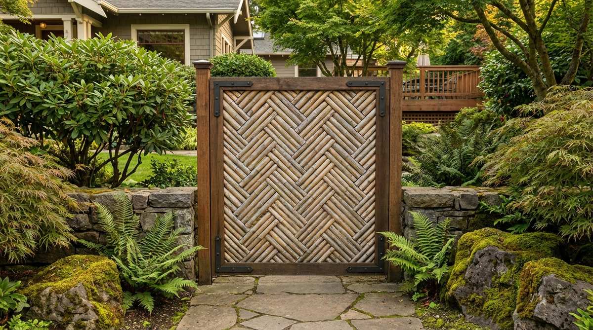 A decorative Japanese garden gate featuring a dynamic herringbone pattern made from split bamboo arranged at alternating 45-degree angles, serving as a focal point with precise craftsmanship and corrosion-resistant fasteners.