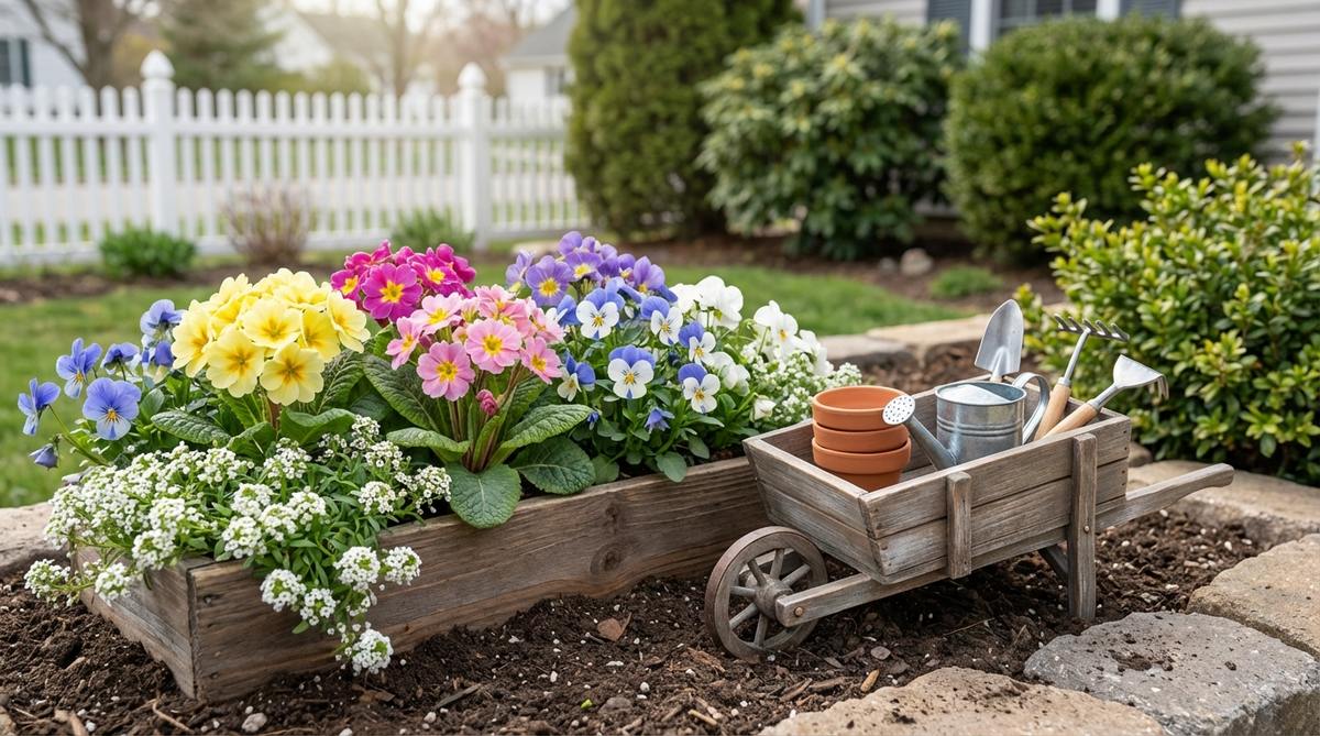 A miniature garden scene featuring blooming spring plants like primroses, violas, and alyssum arranged in colorful clusters. Includes a miniature garden cart with tiny flower pots, a watering can, and garden tools, capturing the optimism of spring renewal and planting season.