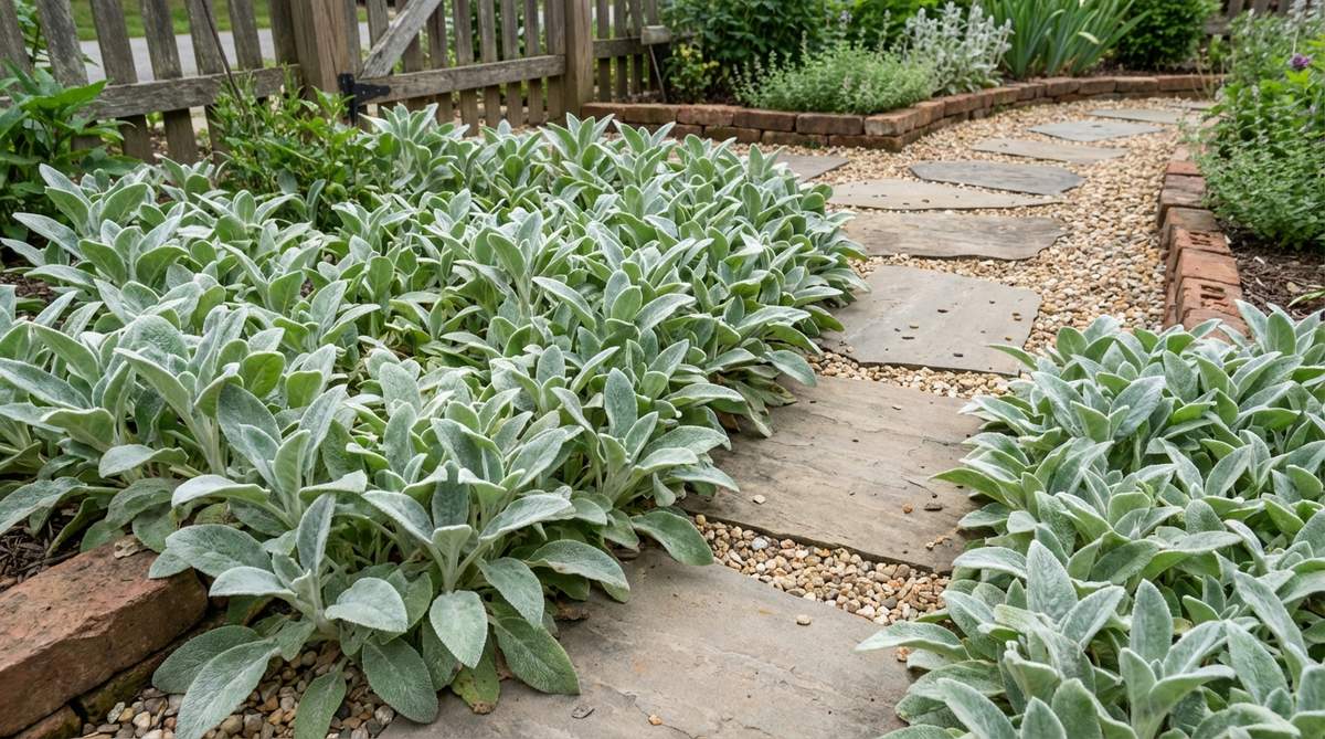 A close-up image of Stachys Byzantina Silver Carpet, also known as Lamb's Ear, showcasing its silvery, fuzzy foliage in a small garden cottage setting. The low, spreading plants are used to soften path edges, with leaves sprawling onto pathways to create a tactile, inviting texture. Ideal for adding year-round interest and engaging visitors with its touchable leaves.