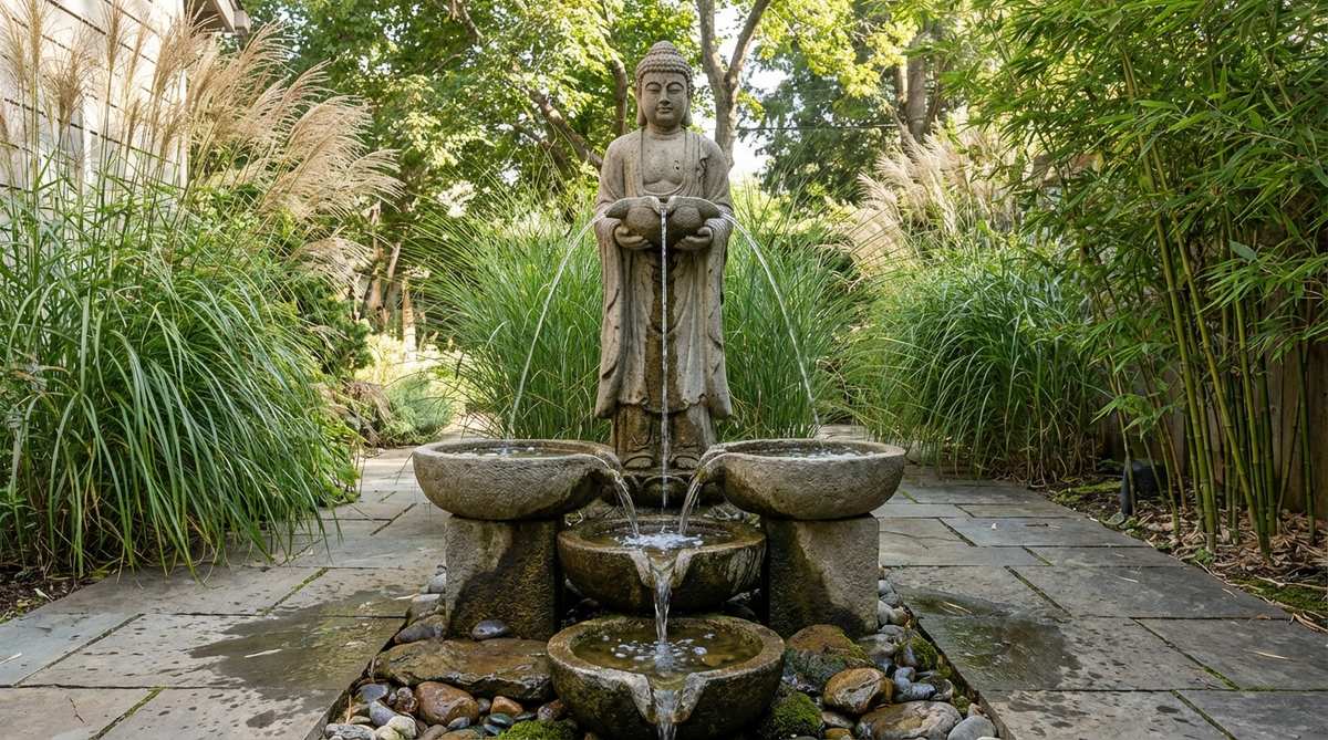 A standing Buddha statue in a Zen garden water feature, extending an offering bowl with water flowing forward in arcs. Water cascades down the statue's robes, creating dynamic movement and varied acoustic textures. Constructed from durable stone or cast concrete for outdoor use, it's framed by tall grasses or bamboo to enhance vertical emphasis, ideal for narrow garden corridors.