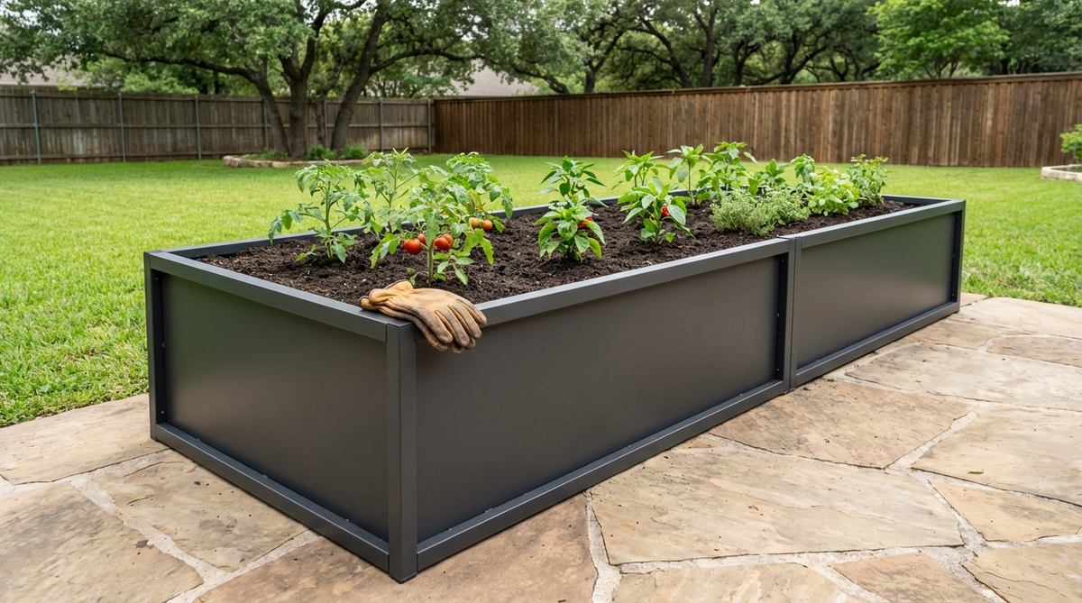 A modular steel raised bed frame with clean geometric lines and powder-coated dark finish, creating an elevated planting bed for gardens. The frame is shown assembled on level ground filled with quality soil, demonstrating how it simplifies maintenance, improves drainage, and reduces bending with its 24-30 inch height.