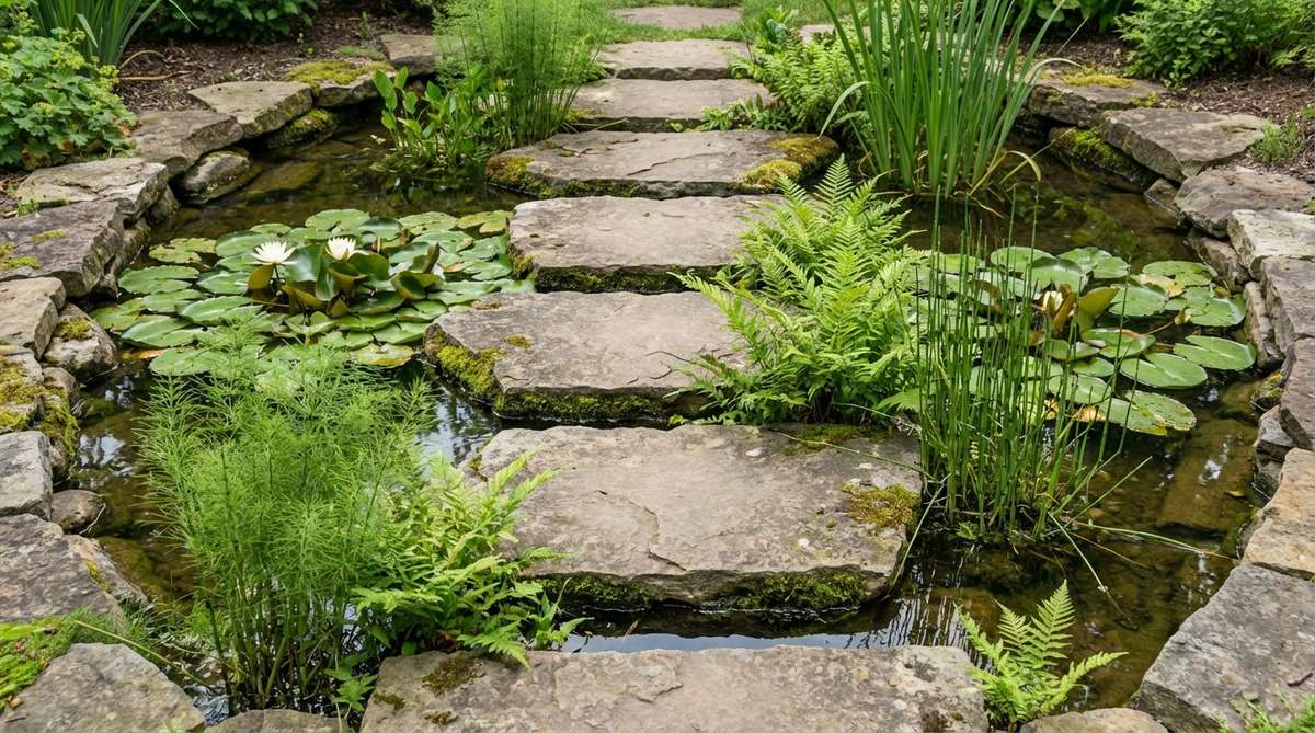 A close-up view of individual stone pads spaced 18-24 inches apart, creating an implied bridge across a shallow water feature in an informal garden setting. Aquatic plants grow between the stepping stones, blending the structure with the natural pond environment.