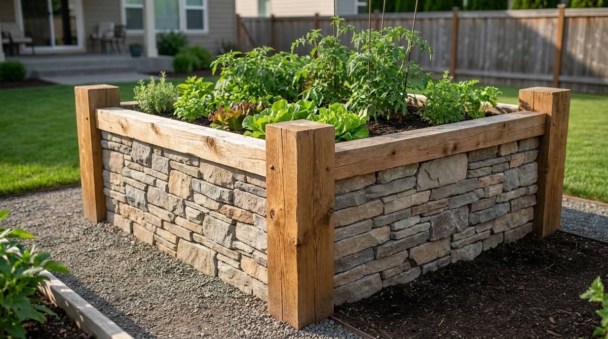 A raised garden bed constructed with thick timber posts at the corners for structural support and stone infill for decorative facing. This hybrid design allows for taller constructions up to 48 inches, combining the strength of wood to handle vertical loads and stone to resist lateral soil pressure, offering both cost efficiency and visual appeal.