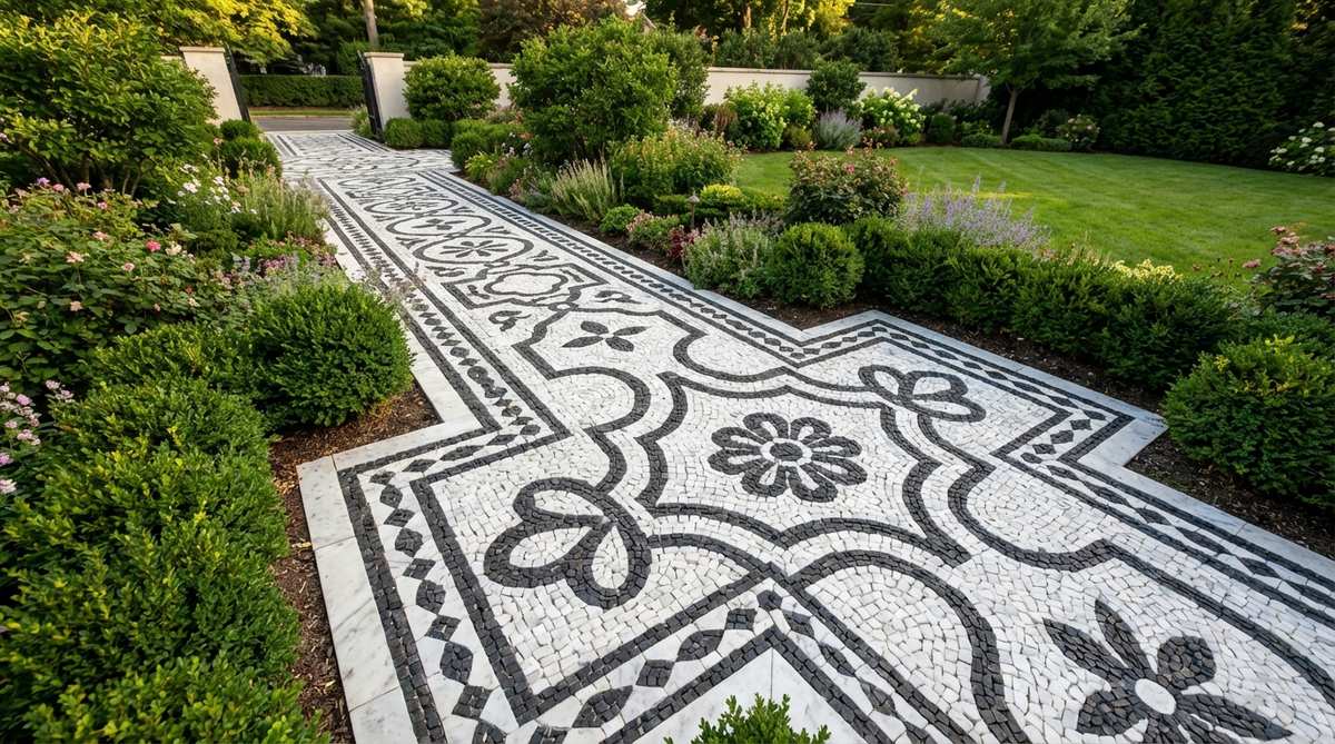A beautiful stone mosaic pattern aisle created with small stones arranged in geometric or floral designs, featuring contrasting colors like white marble with black basalt or tan sandstone with gray granite. This artisan pathway serves as permanent garden decor for weddings, providing a unique and memorable processional path that requires minimal additional decoration.