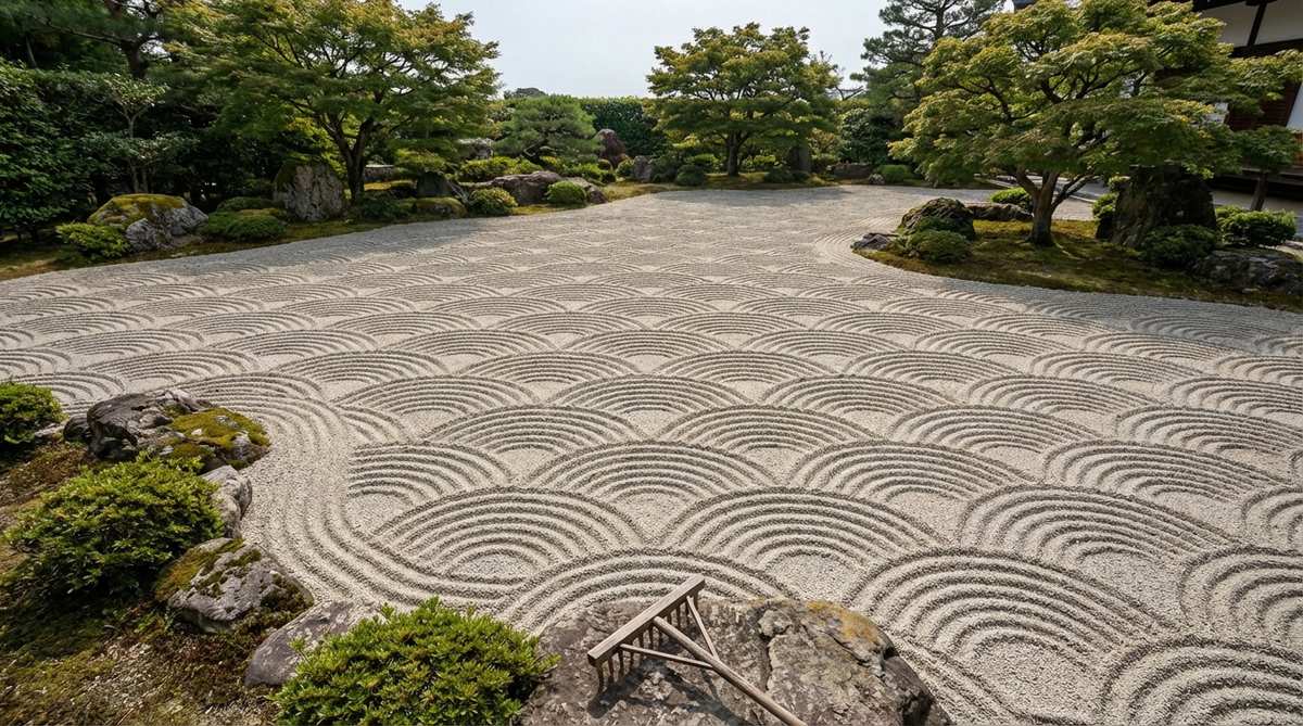 A traditional Japanese zen garden sand pattern featuring tightly interlocking semicircles that resemble fish scales or rhythmic wave motion. This highly stylized design, known as Seigaihamon, requires precision raking to create overlapping arcs in horizontal rows, forming a scale-like appearance. Ideal for featured sections in zen gardens due to its visual intensity and detailed execution.