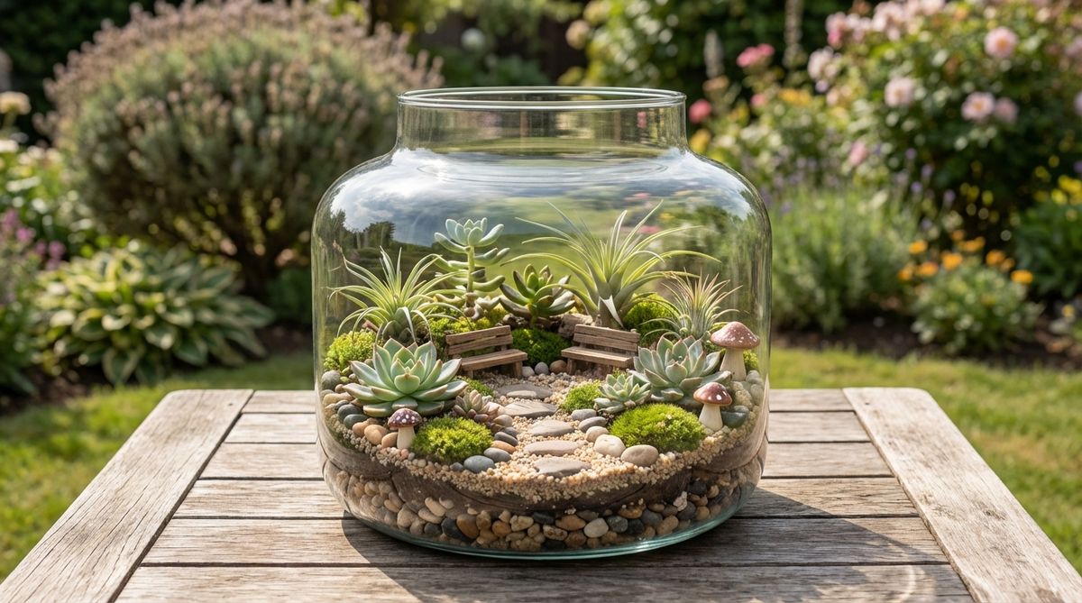 A glass container filled with succulents and air plants arranged as a miniature garden centerpiece for wedding decor. The living arrangement features layered small rocks forming paths and tiny decorative elements, creating a unique landscape that doubles as a favor and survives without water throughout multi-hour events.