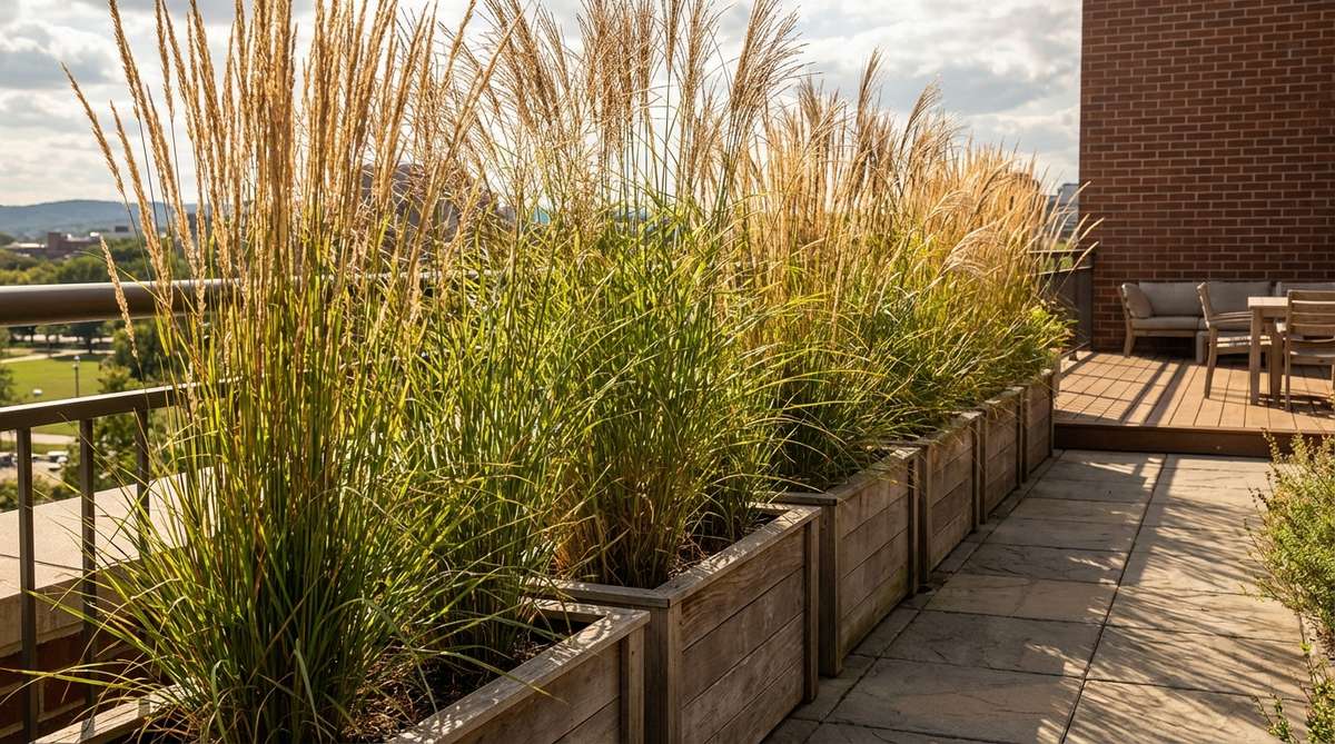 A linear arrangement of ornamental grasses like maiden grass or fountain grass in narrow rectangular planters, dividing a balcony into zones. The wispy texture filters views without creating solid barriers, providing privacy while allowing air circulation and dappled light. The grasses are planted 24 inches apart, reaching four to six feet in height, offering year-round structure with seasonal movement and sound.