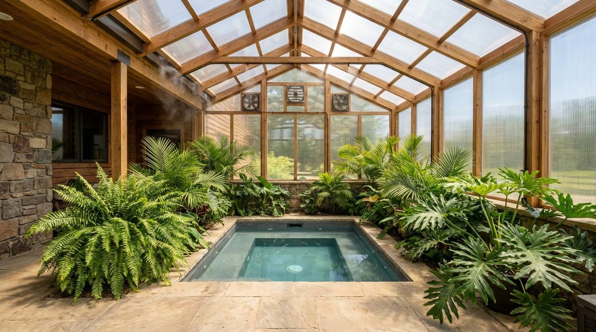 A small plunge pool or therapy spa enclosed within a temperature-controlled greenhouse structure attached to a home, featuring abundant natural light through glass or polycarbonate panels, tropical plants around the pool perimeter, and robust ventilation systems to manage humidity, creating a year-round indoor oasis usable in any climate or season.