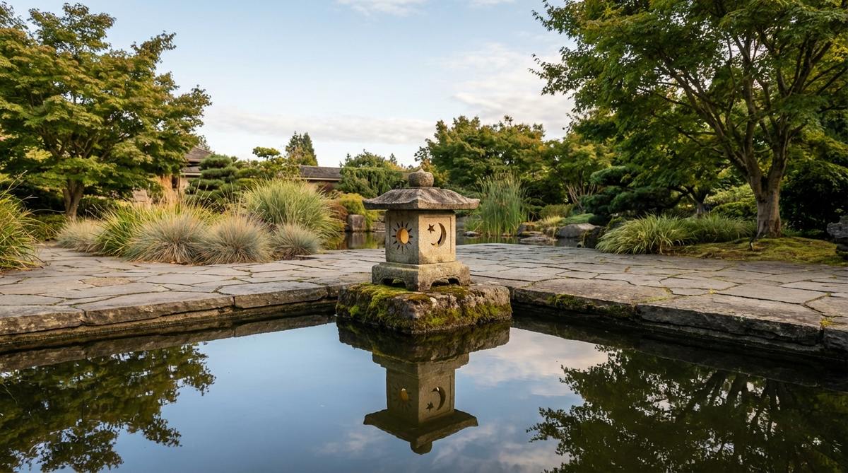 A compact stone Zanko-doro lantern with sun, moon, and star cutouts, placed near water to reflect celestial symbolism in a Japanese garden.