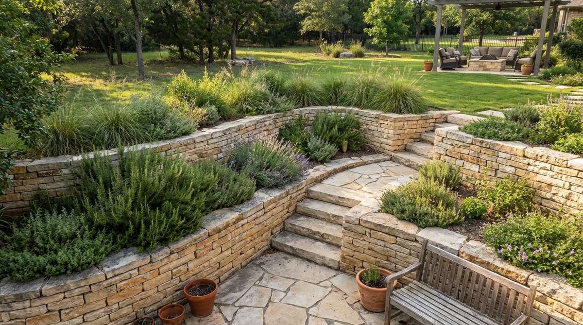 A three-tier limestone terrace garden wall with graduated heights creating amphitheater-like planting areas. The stacked terraces reduce slope, prevent erosion, and provide easy maintenance access. Mediterranean herbs like rosemary, lavender, and thyme cascade over the warm stone ledges.