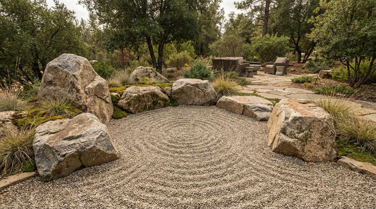 A serene zen garden feature depicting a tidal pool boulder basin, with 6-8 weathered boulders arranged around a concave gravel area raked in smooth patterns and ripple effects, creating an intimate space for quiet contemplation and detailed observation.