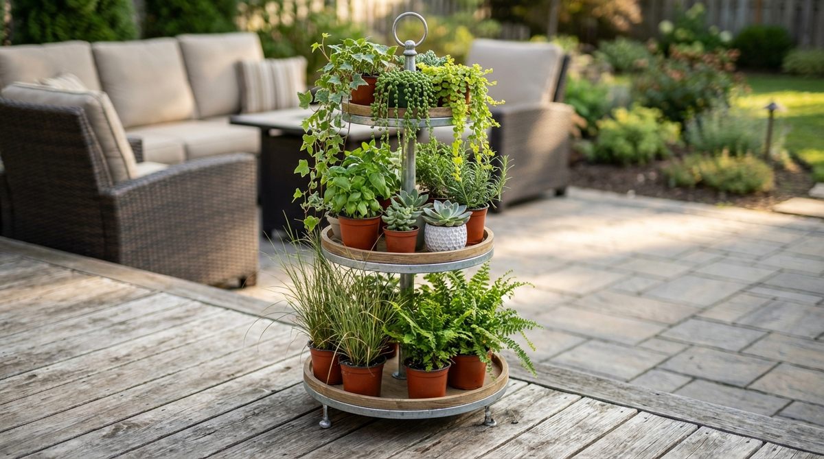A vertical mini garden created using a three-tier dessert stand with small potted plants arranged on each level. Tall plants occupy the bottom tier, medium plants the middle, and trailing varieties cascade from the top, maximizing growing space in compact areas with minimal footprint. The tiered structure provides varied light exposure and dramatic height for a visually striking garden display.