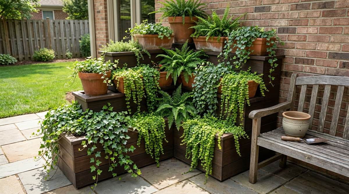 A vertical garden arrangement featuring stacked planters at graduated heights, creating a living wall with trailing plants like ivy and creeping jenny cascading down the tiers. Ideal for maximizing space on patios or balconies where ground planting is limited.