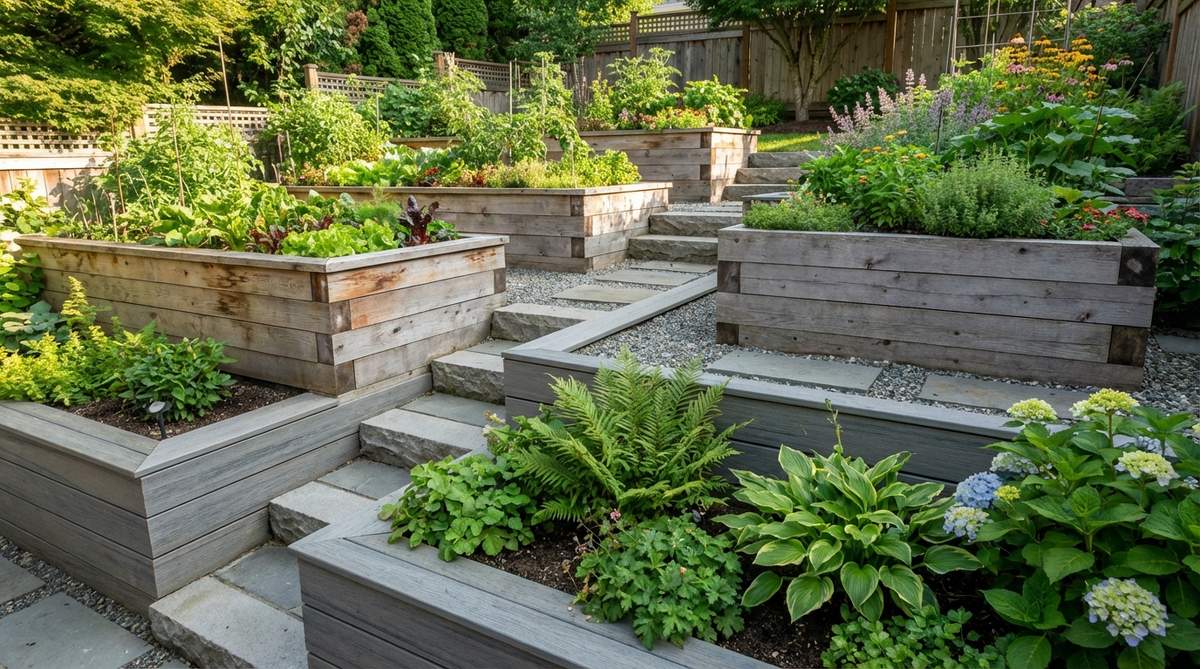A photo showing tiered terrace beds built into a slope in a small backyard, with stepped planting levels made of rot-resistant cedar or composite materials to maximize space and prevent erosion, featuring distinct growing conditions across different tiers.