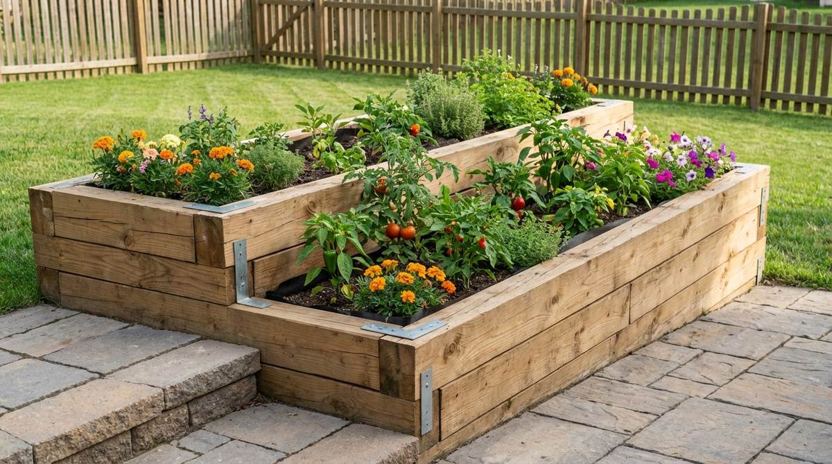 A photo showing stacked wooden planter boxes used as a small garden retaining wall. The tiered design creates stepped planting areas with defined edges, built from dimensional lumber like 2x10 or 2x12 boards. This structure converts slopes into accessible growing space for vegetables and flowers, with visible soil retention and corner brackets for stability.