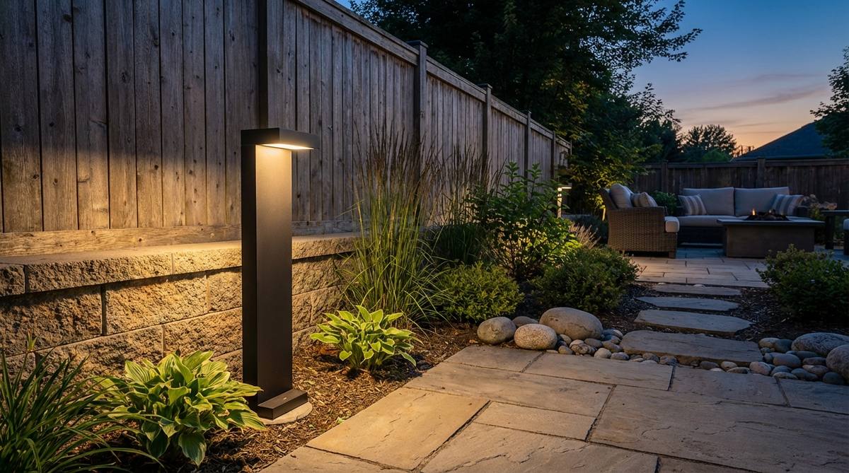 A modern top-emitting column light fixture casting 350-degree downward illumination onto a garden pathway, with light reflecting off nearby vertical surfaces to reveal architectural textures without glare.