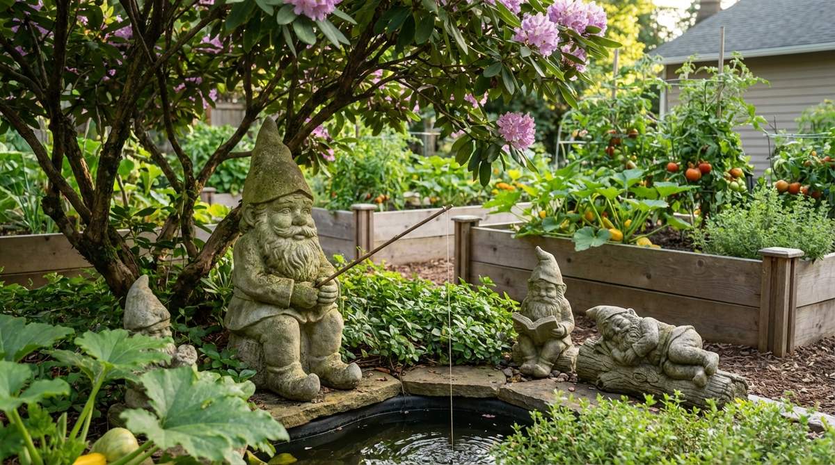 A cast stone garden gnome in a classic pose, such as fishing, reading, or resting, adding nostalgic charm to cottage gardens. Features a painted or natural stone finish that weathers gracefully while maintaining whimsical character. Ideal for placement among vegetable gardens or under shrub canopies, often grouped in vignettes to suggest community and narrative. Modern interpretations blend tradition with contemporary sensibilities, appealing to collectors of folk art heritage as conversation pieces that celebrate gardening culture.