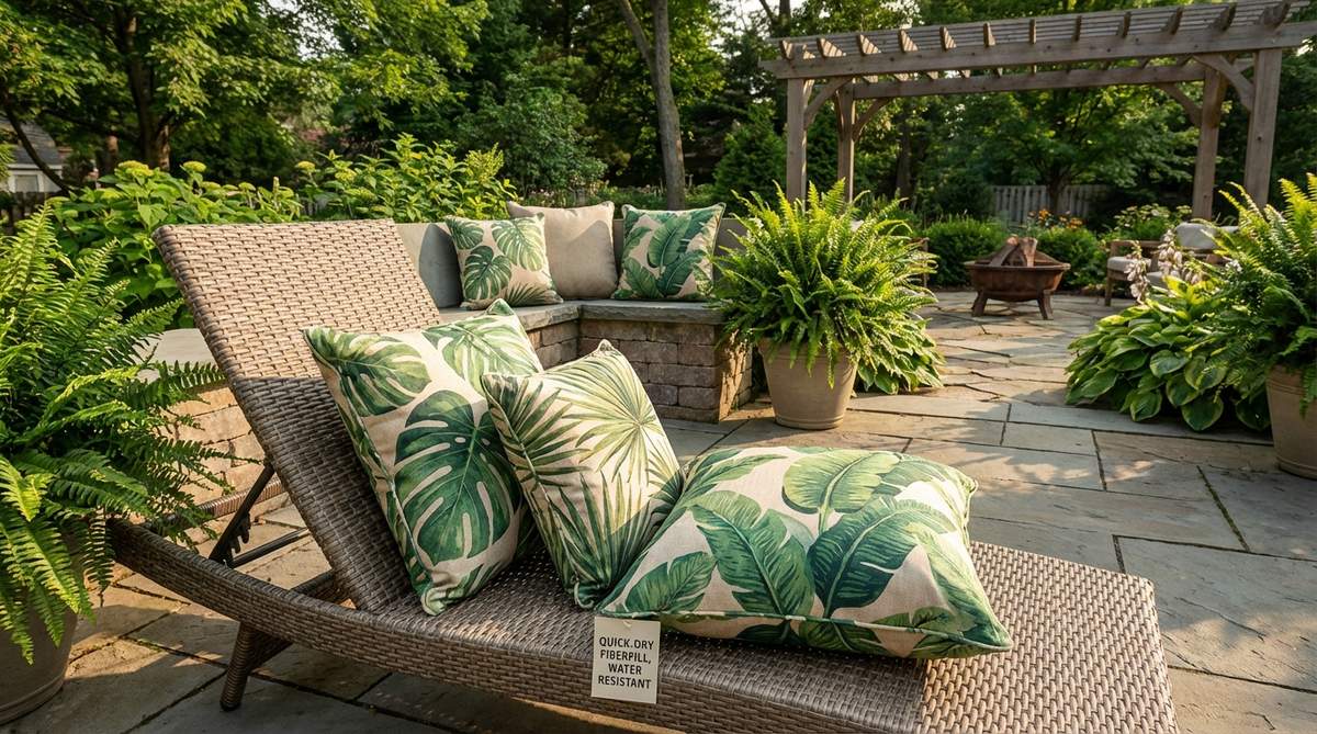 Oversized monstera, palm, or banana leaf print throw pillows in tropical patterns, ideal for outdoor decor in summer. Features removable outdoor-rated covers and quick-dry fiberfill for easy maintenance and water resistance.