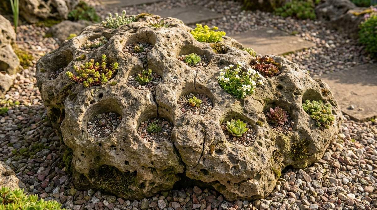 A close-up image showing porous tufa rock with drilled holes filled with alpine mix, creating planting pockets for alpine plants in a small garden rockery. The stone serves as both a planting medium and sculptural element, maintaining root moisture while preventing waterlogging.