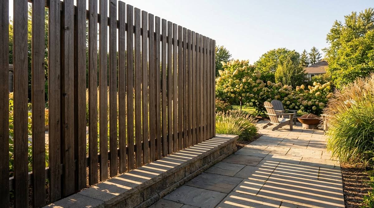 A vertical slat screen with narrow boards spaced one to two inches apart, creating rhythmic screening that filters views without complete blocking. The gap pattern produces interesting shadow play across patios and pathways, using one-by-three or one-by-four boards in consistent spacing. This design maintains visual connection between spaces while establishing psychological boundaries and spatial organization, suitable for defining garden rooms within larger landscapes.