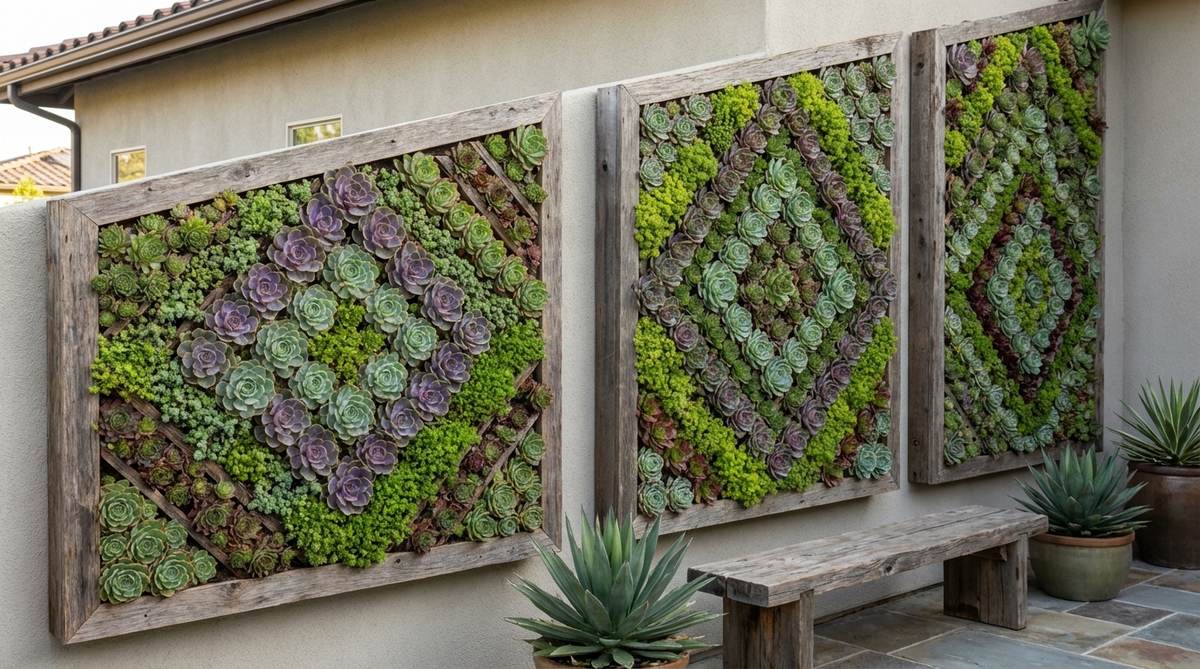A vertical succulent garden featuring wall-mounted frames filled with drought-tolerant succulents like echeveria, sedum, and sempervivum, arranged in geometric patterns to create living art installations with varied textures and colors.