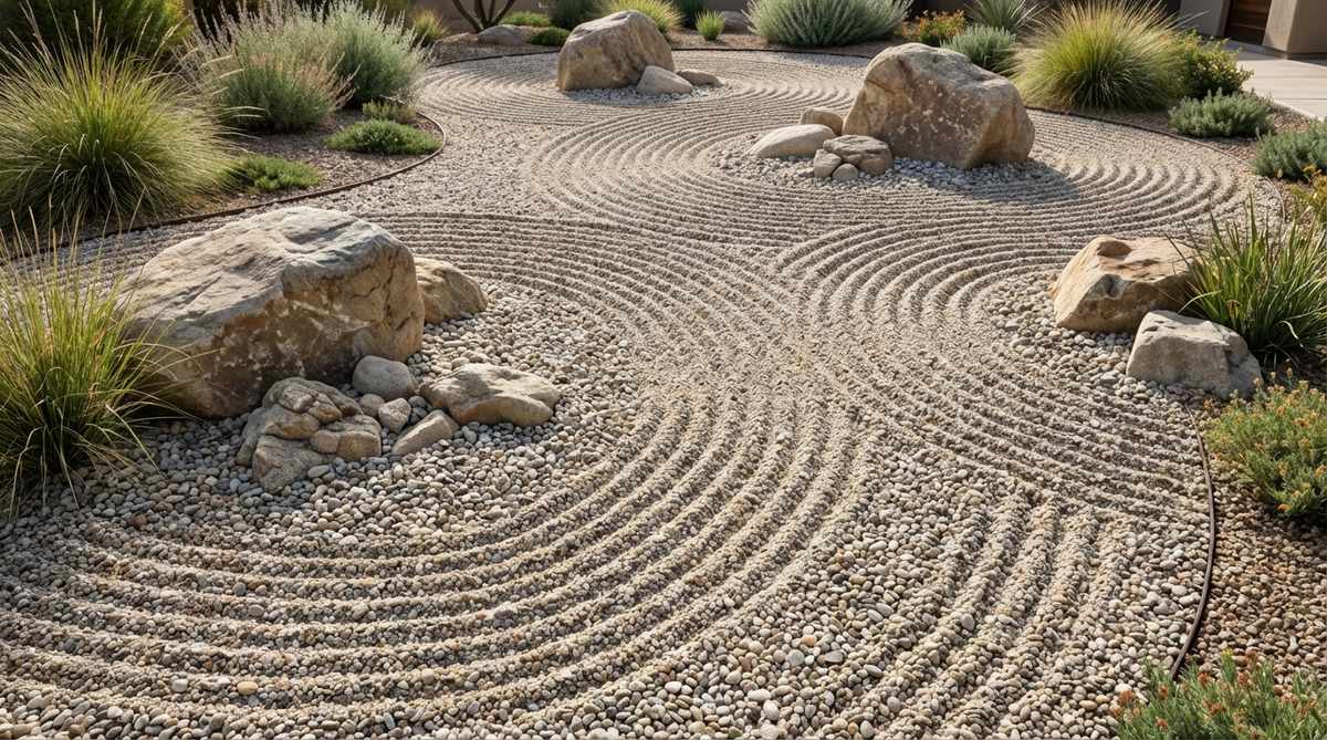 A garden design featuring wave pattern gravel surrounding boulders, with curved rake lines mimicking ocean currents around stone groupings. The gravel bed shows progressively wider arcs radiating outward from the stones, creating a dynamic landscape feature that suggests wave propagation in a rock garden setting.