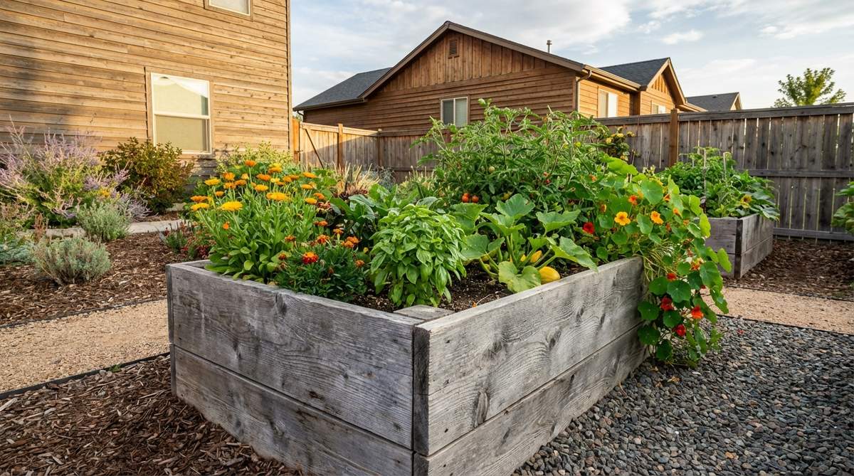 A rustic modern garden bed made from natural cedar boards with a silvery weathered patina, showcasing organic gardening with untreated wood that resists rot and warms soil for extended growing seasons.