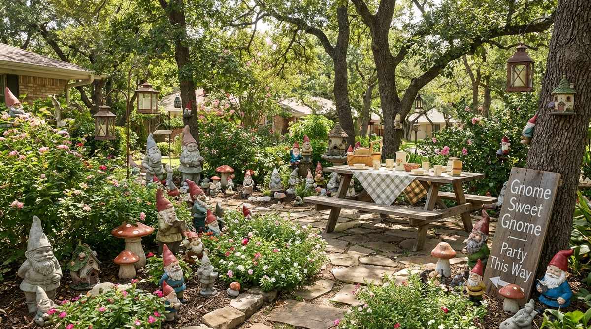 A whimsical garden gnome wonderland scene with playful lawn ornaments, including gnomes, toadstools, and fairy garden elements, arranged throughout a garden for a lighthearted party theme. This image captures the nostalgic and relaxed atmosphere of a casual daytime gathering, with ornaments positioned as discovery elements in a mix of vintage and new pieces for an authentic, personal feel.