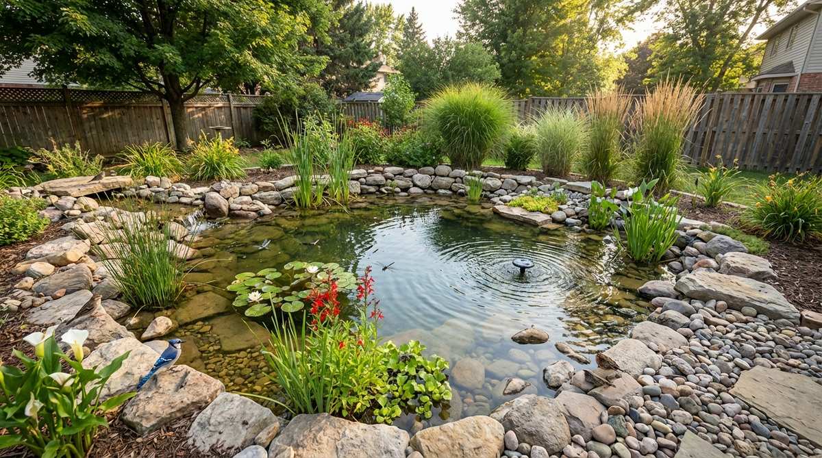 A small garden pond with gentle shallow edges planted with native aquatic and bog plants, attracting birds and dragonflies. The pond features varied depth zones with marginal plant shelves and deeper areas for water clarity, using rocks and discreet circulation to create a natural, relaxing wildlife habitat that supports local ecosystems.