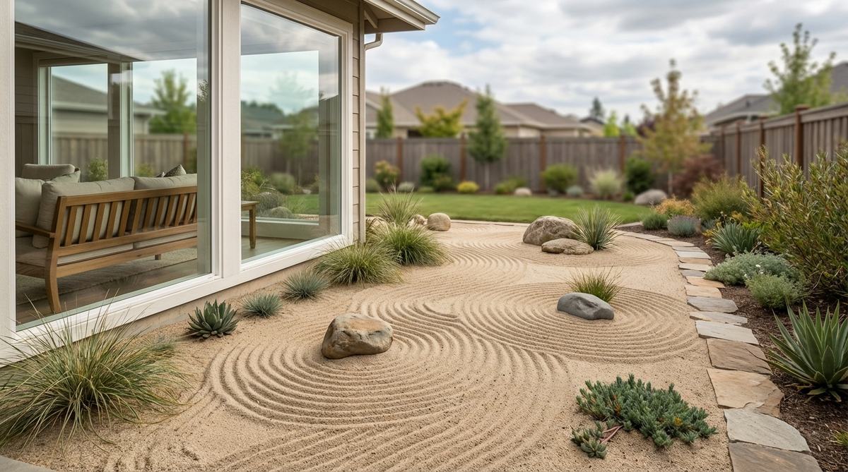 A shallow sand garden positioned outside a window, designed for visual meditation and contemplation from indoor seating, with raked patterns creating a living artwork that changes over time.