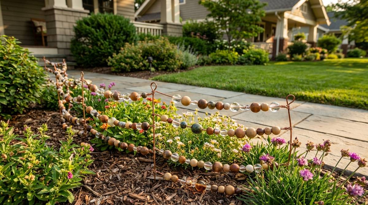 An artistic mini garden fence created by threading wooden, glass, or stone beads onto thin craft wire, forming decorative boundary designs with adjustable spacing for perfect proportions.