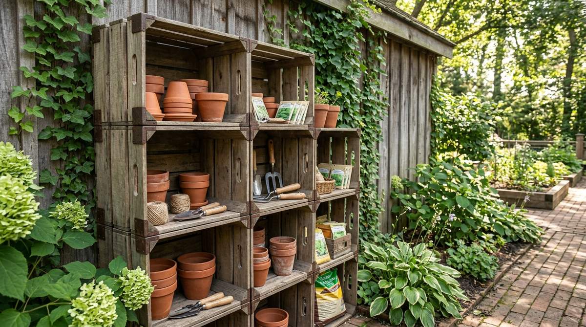 A vintage wooden crate used as open shelving for storing garden pots, hand tools, and supplies, secured with corner brackets to create customizable storage configurations. Ideal for organizing items in potting areas or garden sheds, with an industrial aesthetic that complements modern, rustic, and cottage garden styles. Can be stained, painted, or left natural for an authentic patina.