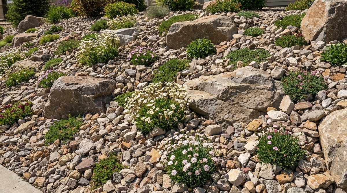A detailed garden design image showing an alpine scree slope recreation with angular rock chips and larger stones, featuring limestone or granite fragments in mixed sizes from 1/4 inch to 4 inches. The scene includes embedded accent rocks at irregular intervals and alpine plants like saxifraga and dianthus planted in pockets between stones, all arranged on a sloped bed to mimic high-elevation scree fields and enhance drainage for ecological accuracy in rock garden niches or raised bed corners.