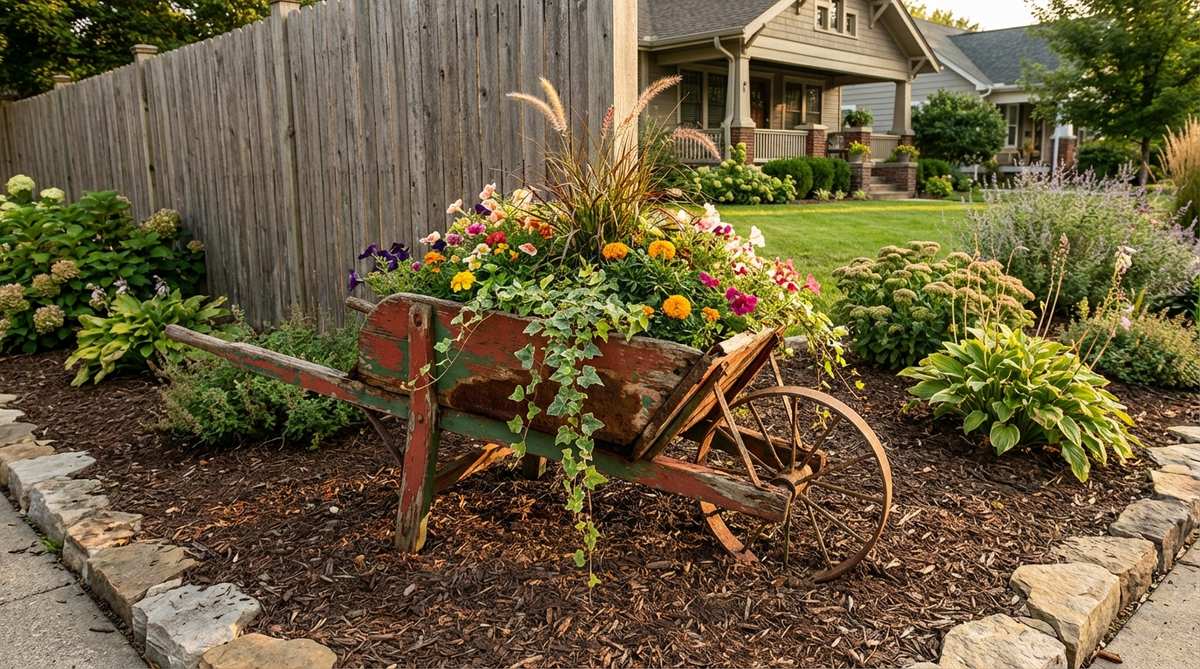 A vintage wheelbarrow with chipped paint and rusted bed, used as a mobile planting display or garden vignette in rustic garden decor. Positioned as a focal point in bed corners or along fence lines, it provides natural drainage and allows seasonal repositioning with functional wheels.