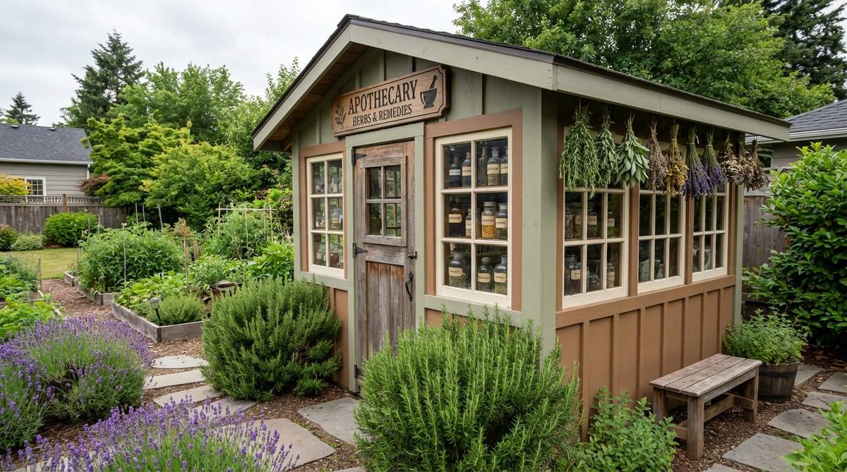 A vintage-style mini garden shed designed as an apothecary herb shop, featuring mortar-and-pestle signage, multipaned windows with potion bottles, and dried herb bundles hanging from the eaves. Painted in earth tones to reflect natural medicine traditions, it is positioned near herb gardens with rosemary and lavender, suitable for educational children's gardens and themes like cottage or medieval fantasy.