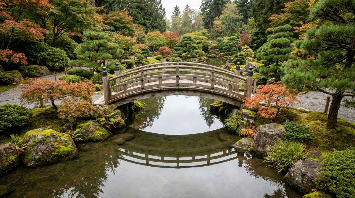 A high-arched bridge (soribashi) painted red or left natural, crossing a stream at its narrowest point in a Japanese garden. The curved profile symbolizes ascension toward enlightenment, with reflections visible in the calm water below, representing transition into contemplative spaces.