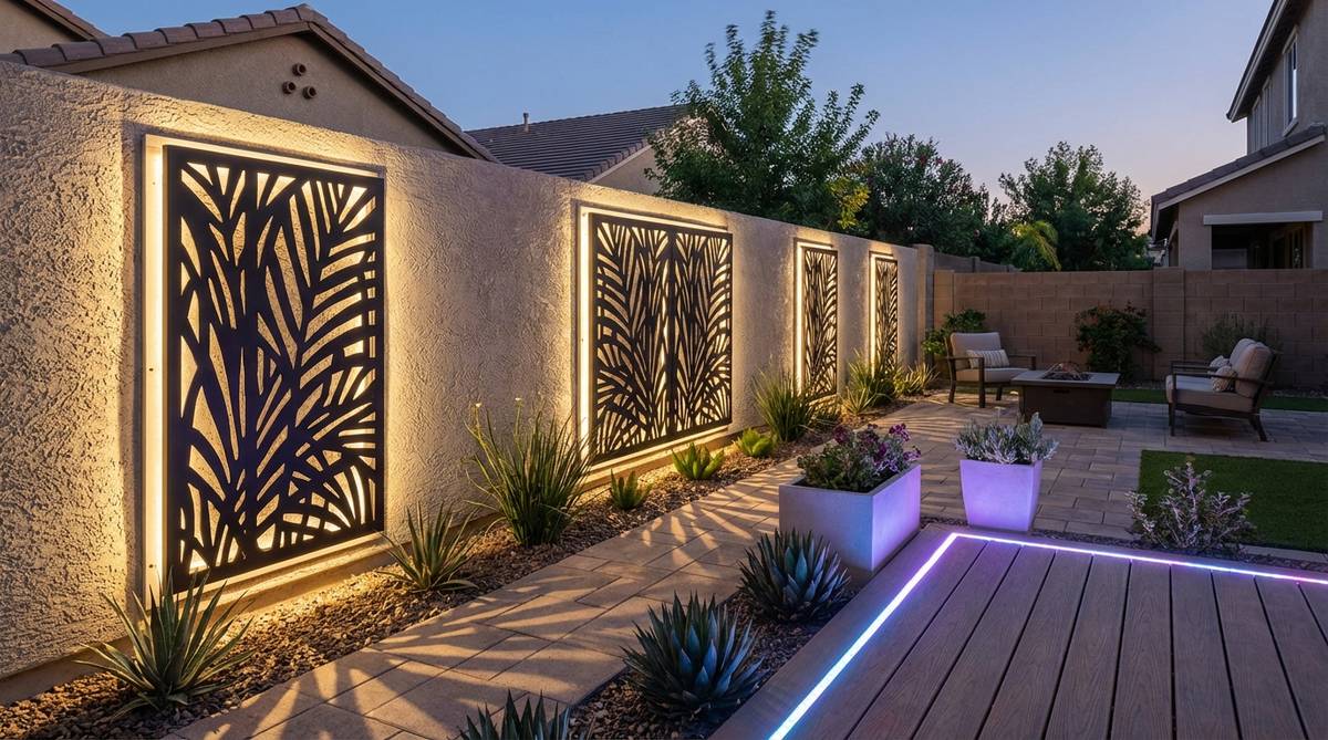 Laser-cut metal screen panels with LED backlighting creating glowing patterns and shadows on outdoor walls. Weatherproof LED strips in warm white or RGB options provide inviting ambiance or color-changing effects for nighttime focal points.