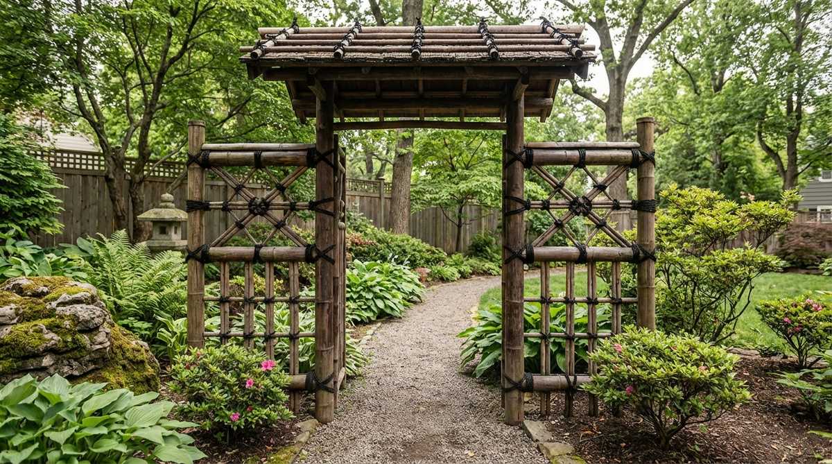 Traditional Japanese garden gate featuring bamboo frames with decorative black hemp rope lashing. The exposed square, diagonal, and figure-eight knot patterns create textural interest, celebrating construction methods as aesthetic elements in rustic or organic garden styles.