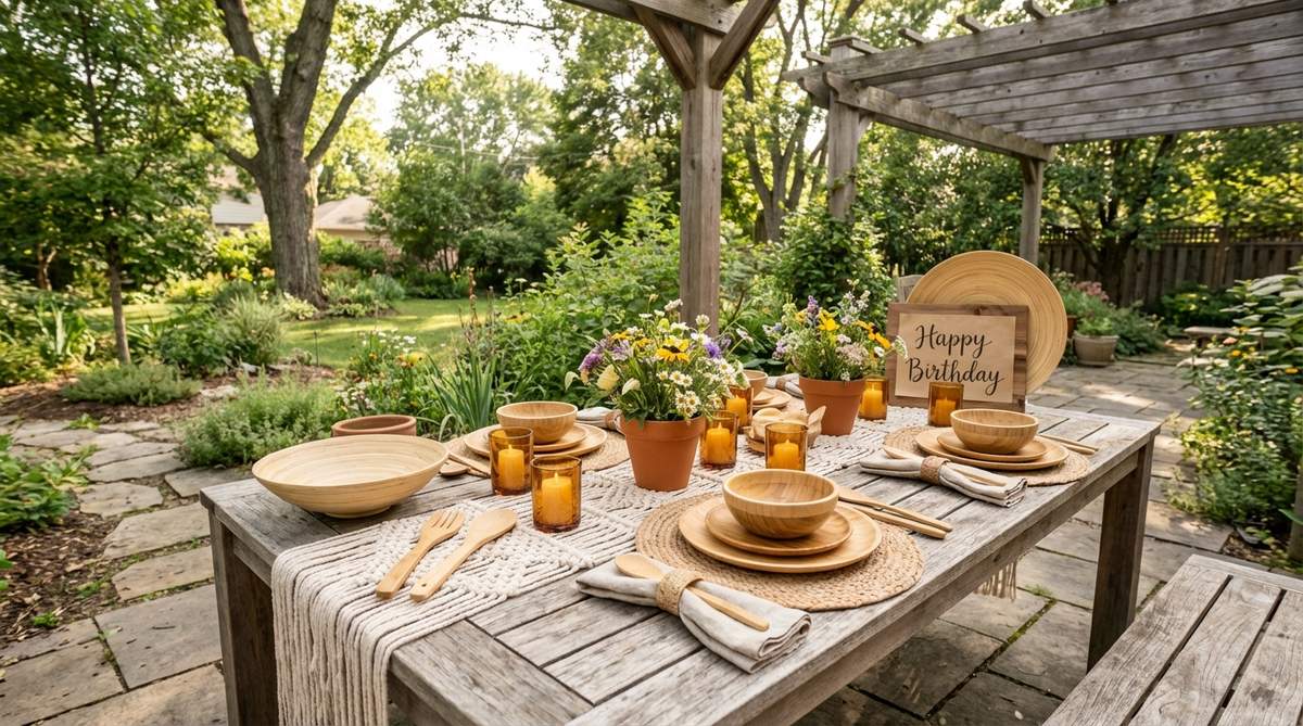 Bamboo plates, bowls, and utensils arranged in a bohemian style setting for a birthday celebration. The natural grain and warm tones of the sustainable bamboo dinnerware complement outdoor decor, offering a durable yet compostable alternative to disposable options.